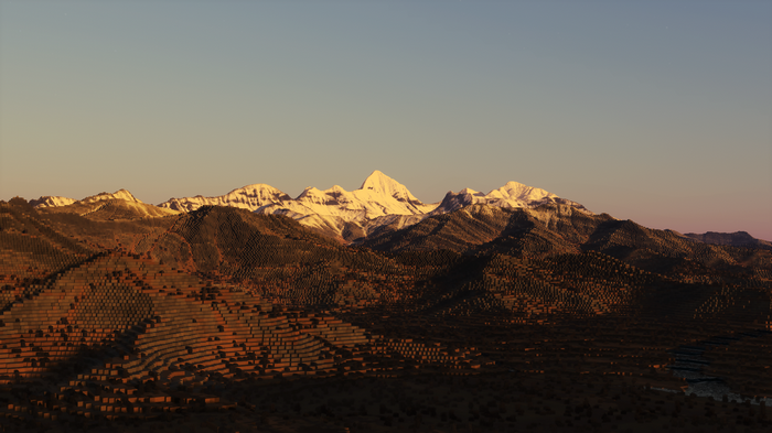 Minecraft snowy mountain landscape at sunrise