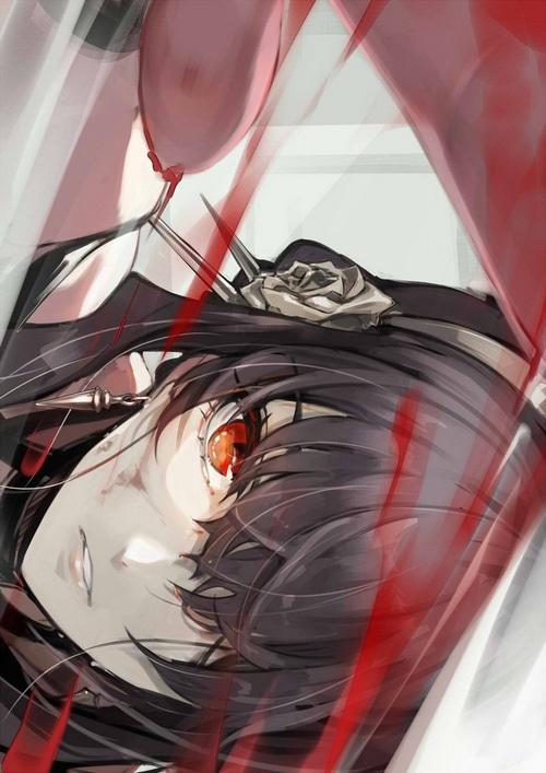 Yor Forger with red eyes and a rose