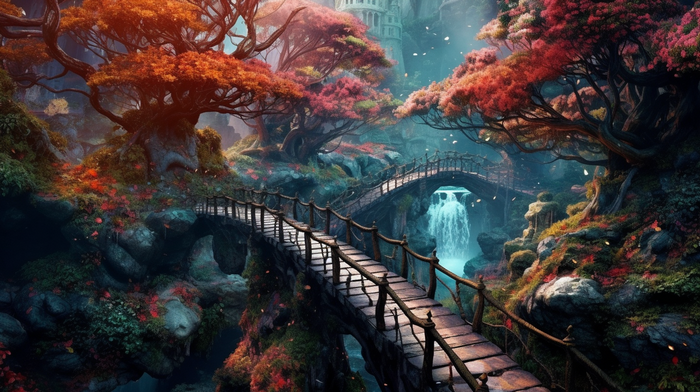 Enchanted forest with bridges and waterfall