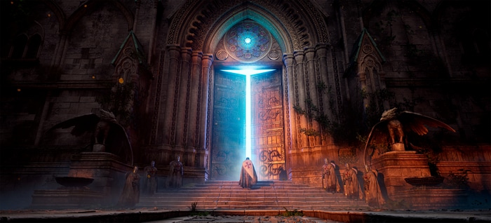 4K church gates with knights and statues