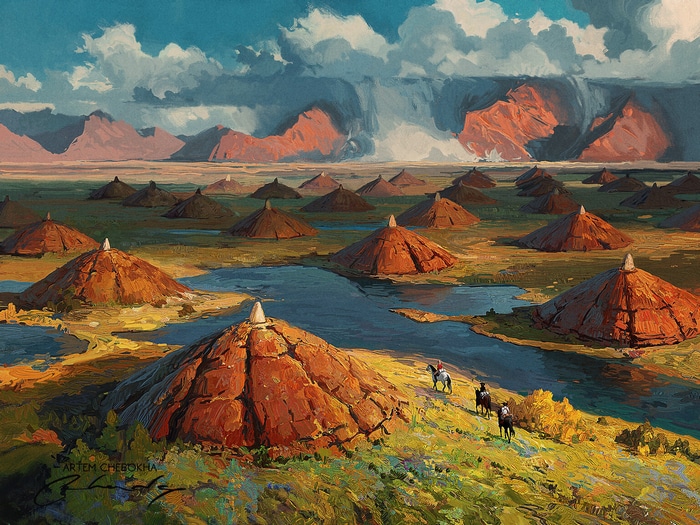 Landscape with yurts and mountains