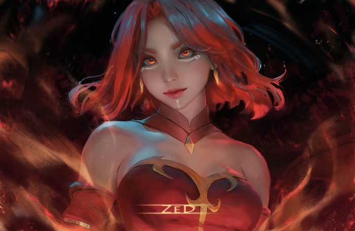 Dota 2 fantasy art of a woman with red hair