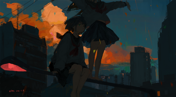 Anime girls in school uniforms on a rooftop at sunset