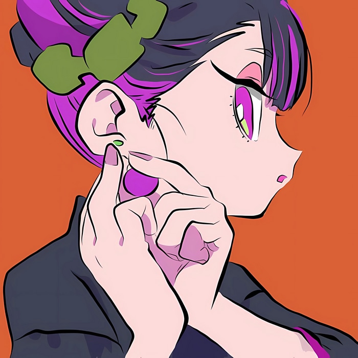 Girl with purple hair and earrings on orange background