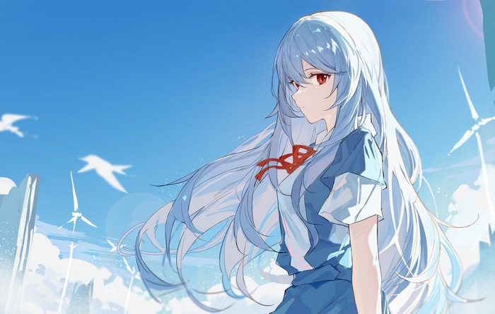 Ayanami Rei in a school uniform with windmills