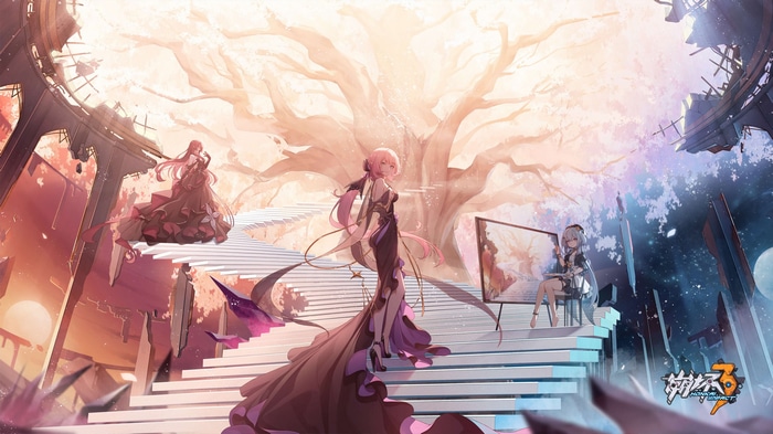 Elysia and friends painting under a large tree in Honkai Impact 3rd