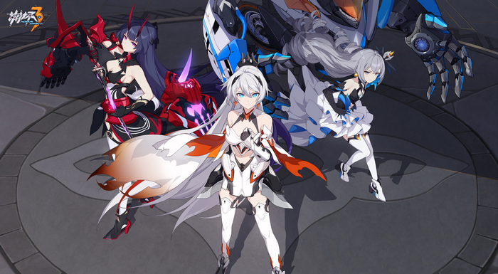 Honkai Impact 3rd: Kiana, Mei, and Bronya with mechs