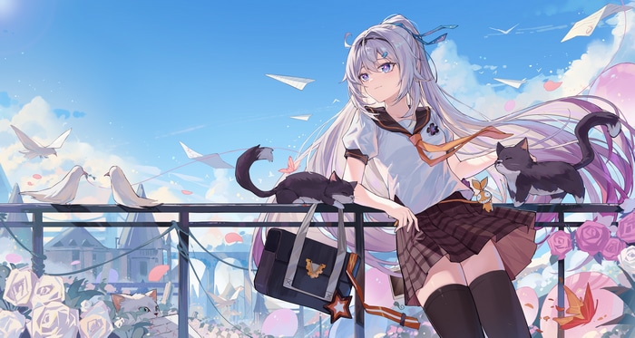 4K Honkai Impact Kiana Kaslana with cats and birds