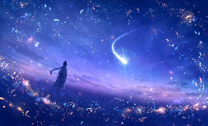 Girl watching a shooting star in a magical night sky