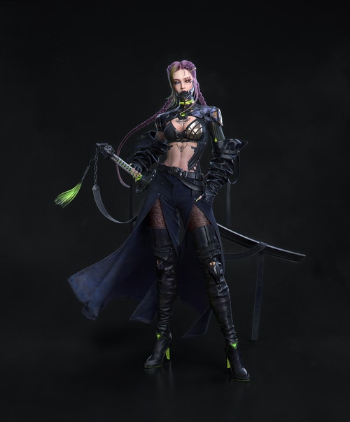 Cyberpunk woman with sword and braids