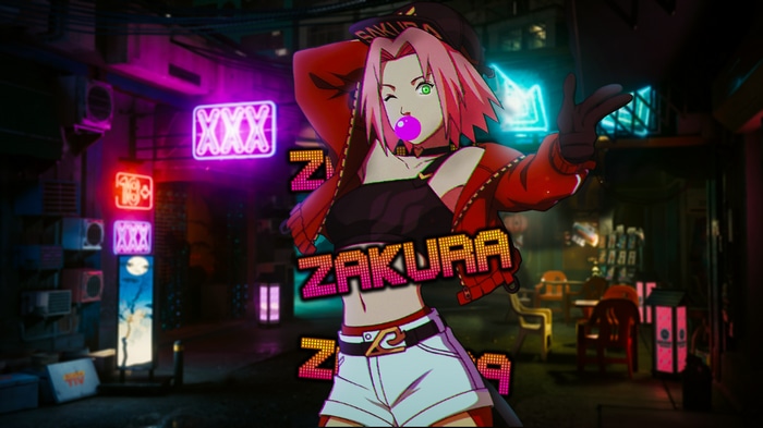Sakura Haruno in a Cyberpunk City with Neon Lights