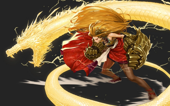 Woman with golden dragon and lightning