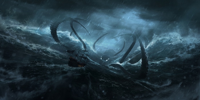 Kraken attacking a ship in a storm