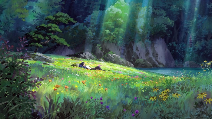 Arrietty in a sunlit meadow by a pond