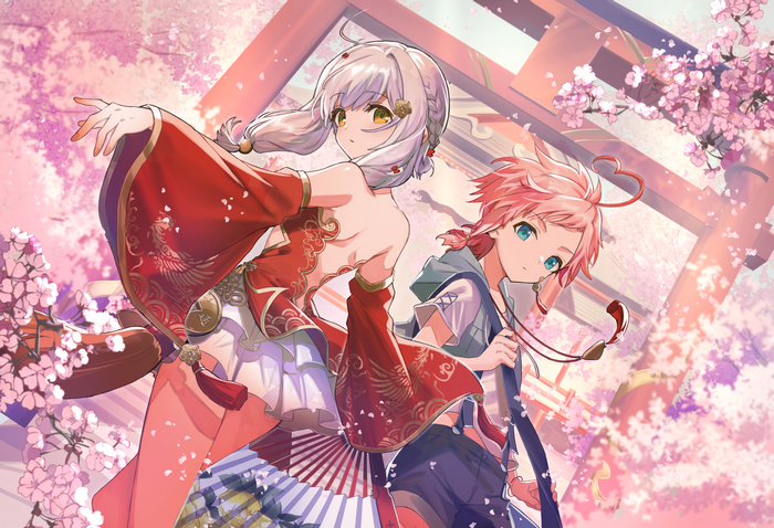 Two anime girls in traditional Japanese attire with cherry blossoms