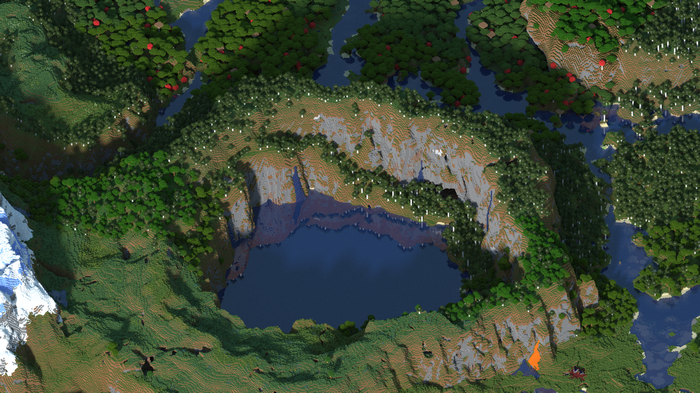 4K Minecraft mountain view with lake and forest