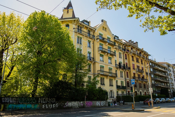 Yellow apartment buildings with trees and graffiti