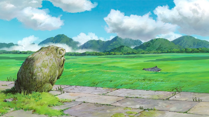 Spirited Away: Stone Frog Statue in a Green Field