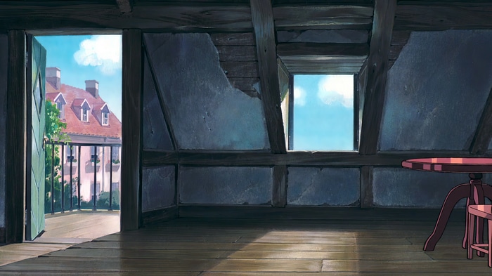 Kiki's Delivery Service attic with view of a house