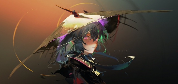 Chen from Arknights with horns and straw hat