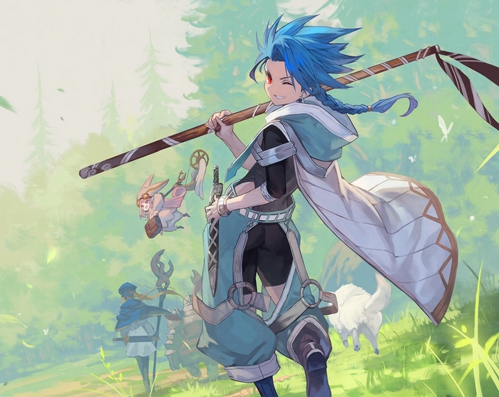 Anime boy with blue hair and staff in forest