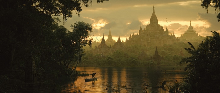 4K river with ancient temples and a boat