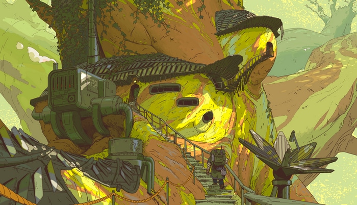 4K illustration of a person climbing stairs to a treehouse