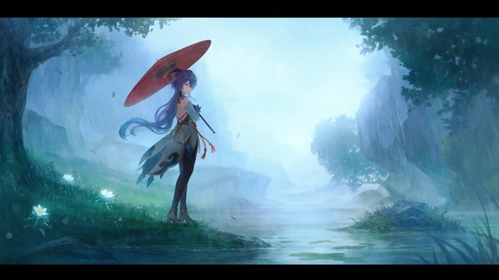 Genshin Impact Ganyu in the Rain with Umbrella