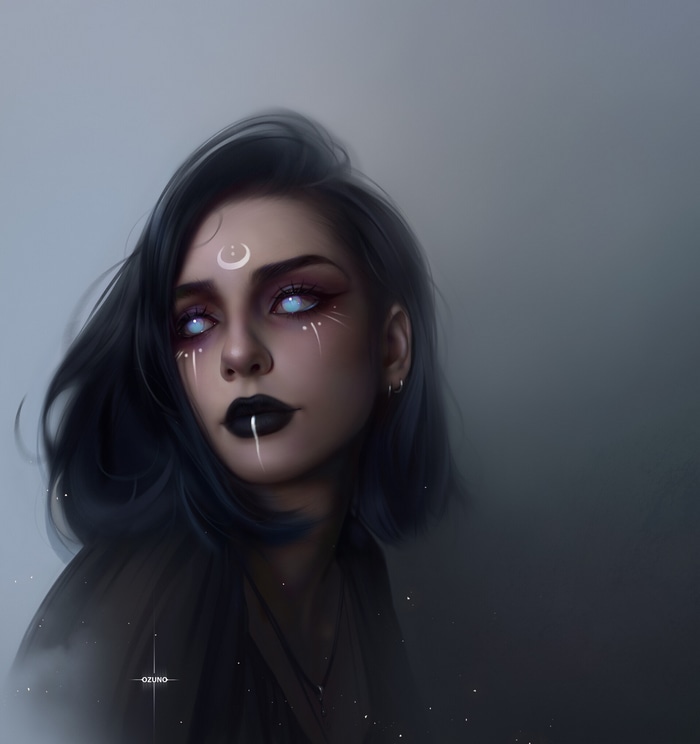 Artwork of a woman with dark blue hair and moon markings