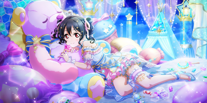 Yazawa Nico in a dreamy candy-themed room with a teddy bear