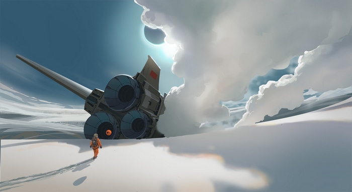 Astronaut walks near crashed spaceship on icy planet