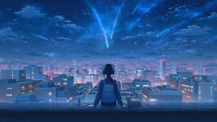 Girl with headphones and cat watching shooting stars over cityscape