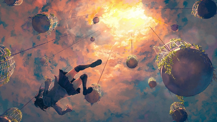 4K Girl Falling Among Floating Spheres in Sky