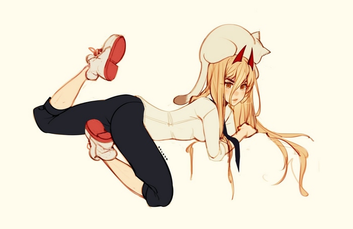 Power from Chainsaw Man with a cat on her head