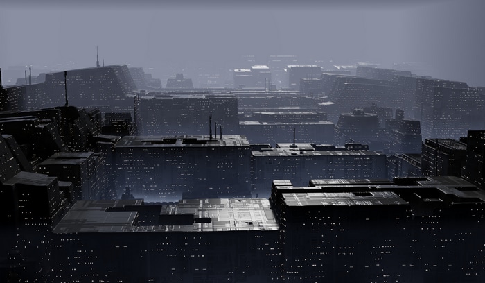 Monochrome futuristic cityscape at dusk