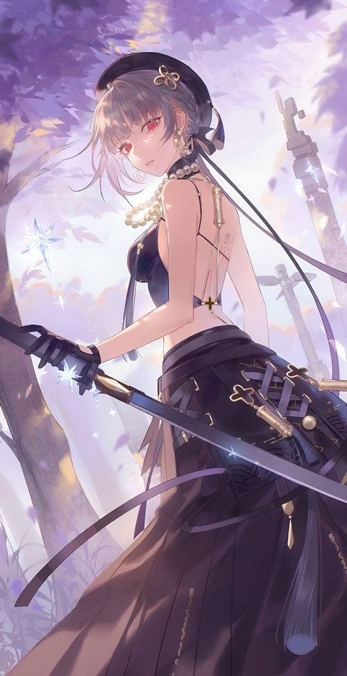 Woman with sword and hat in a forest