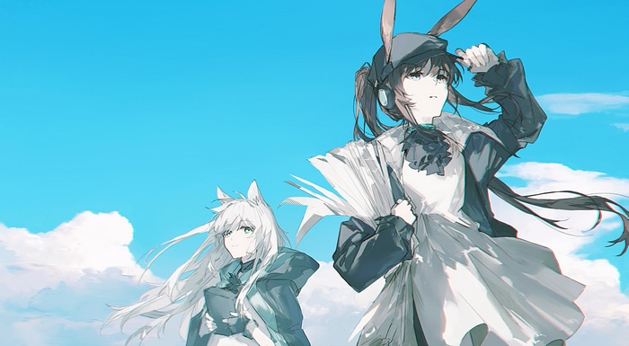 Amiya and fox girl under blue sky with clouds