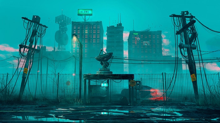 Futuristic Cityscape with Satellite Dish and Neon Signs