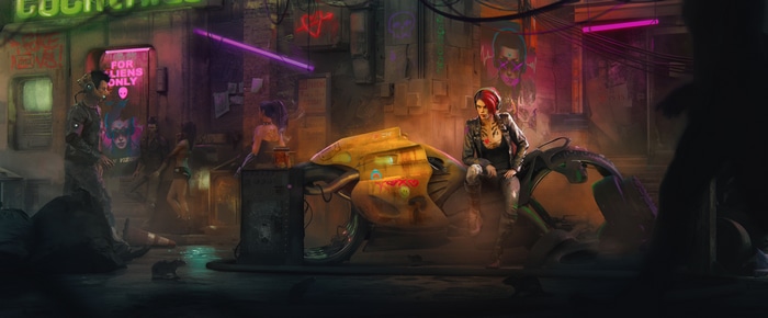Cyberpunk street scene with women and motorcycle