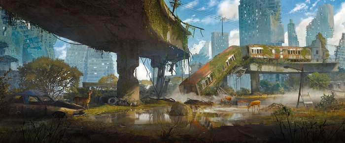Post-apocalyptic city with deer and a derailed train