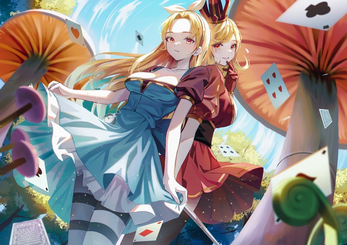 Alice in Wonderland characters with mushrooms and cards