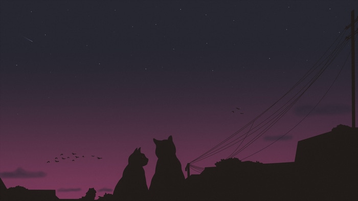 Two cats silhouetted against a starry night sky