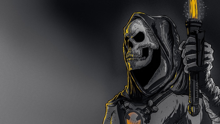 Skeletor holding a glowing lightsaber