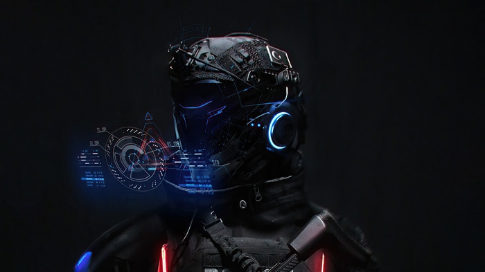 Futuristic cyborg with glowing helmet and HUD