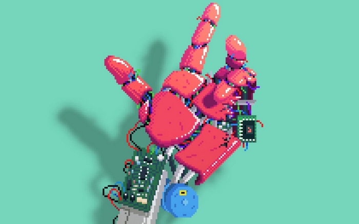 Pixel art robotic hand with wires and microchips