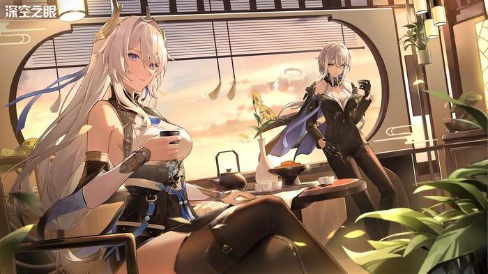 Two women in a room with a sunset view