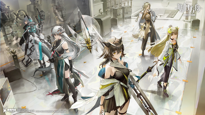 Arknights characters in a laboratory setting