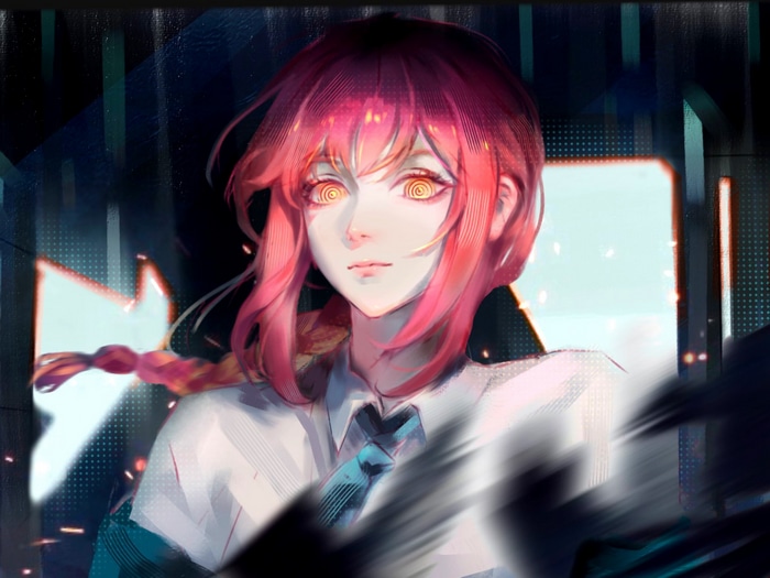 Makima with pink hair and yellow eyes