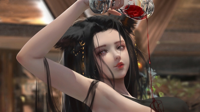 Fox girl pouring red wine from a glass