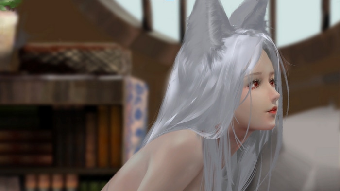 Woman with silver hair and fox ears
